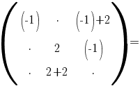 =({matrix{3}{3}{(-1){cdot}(-1)+2{cdot}2 (-1){cdot}2+2{cdot}2 (-1){cdot}2+2{cdot}(-1) 2{cdot}(-1)+2{cdot}2 2{cdot}2+2{cdot}2 2{cdot}2+2{cdot}(-1) 2{cdot}(-1)+(-1){cdot}2 2{cdot}2+(-1){cdot}2 2{cdot}2+(-1){cdot}(-1)}})=
