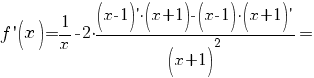 f'(x)=1/x-2 {cdot} {(x-1)'{cdot}(x+1)-(x-1){cdot}(x+1)'}/{(x+1)^2}=